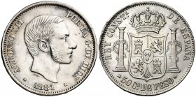 1881. Alfonso XII. Manila. 50 centavos. (AC. 114). 12,88 g. Atractiva. Escasa así. EBC-.