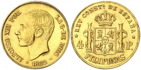 1882. Alfonso XII. Manila. 4 pesos. (AC. 127). 6,75 g. Bella. Brillo original. Muy escasa así. EBC+.