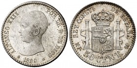 1889*89. Alfonso XIII. MPM. 50 céntimos. (AC. 27). 2,46 g. Bellísima. Brillo original. Escasa así. S/C.