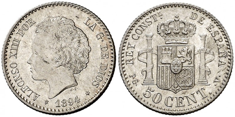 1894*94. Alfonso XIII. PGV. 50 céntimos. (AC. 43). 2,50 g. Bella. Brillo origina...