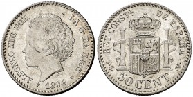 1894*94. Alfonso XIII. PGV. 50 céntimos. (AC. 43). 2,50 g. Bella. Brillo original. EBC+.