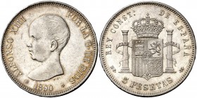 1890*1890. Alfonso XIII. MPM. 5 pesetas. (AC. 95). 24,93 g. Leves rayitas. Precioso color. EBC-/EBC.