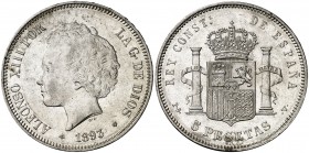 1893*1893. Alfonso XIII. PGV. 5 pesetas. (AC. 103). 24,94 g. Manchita en reverso. Rara así. EBC.