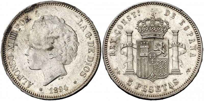 1894*1894. Alfonso XIII. PGV. 5 pesetas. (AC. 104). 24,91 g. Leves marquitas. At...