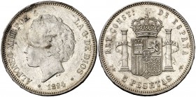 1894*1894. Alfonso XIII. PGV. 5 pesetas. (AC. 104). 24,91 g. Leves marquitas. Atractiva. EBC/EBC+.