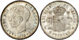 1896*1896. Alfonso XIII. PGV. 5 pesetas. (AC. 106). 24,88 g. Leves marquitas. Brillo original. EBC/EBC+.