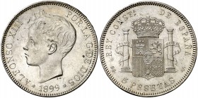1899*1899. Alfonso XIII. SGV. 5 pesetas. (AC. 110). 24,72 g. Bella. Brillo original. S/C-.