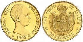 1889*1889. Alfonso XIII. MPM. 20 pesetas. (AC. 113). 6,44 g. Leves golpecitos. Brillo original. EBC.