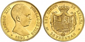 1890*1890. Alfonso XIII. MPM. 20 pesetas. (AC. 114). 6,44 g. Bella. Brillo original. Escasa así. EBC+.