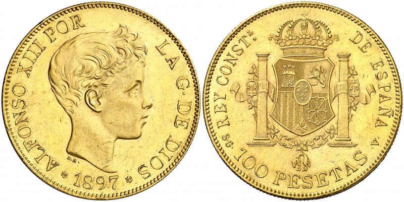 1897*1897. Alfonso XIII. SGV. 100 pesetas. (AC. 119). 32,18 g. Leves golpecitos....