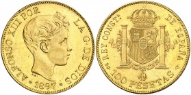 1897*1897. Alfonso XIII. SGV. 100 pesetas. (AC. 119). 32,18 g. Leves golpecitos. Parte de brillo original. Rara. EBC+.