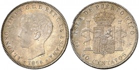 1896. Alfonso XIII. Puerto Rico. PGV. 40 centavos. (AC. 127). 10 g. Mínimo golpecito en canto reverso. Bella. Preciosa pátina. Rara así. EBC.