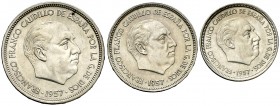 1957. Franco. BA (Barcelona). 5, 25 y 50 pesetas. (AC. 154 a 156). Serie completa de 3 monedas. S/C-.