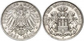 1914. Alemania. Hamburgo. J (Hamburgo). 3 marcos. (Kr. 620). 16,64 g. AG. Escasa así. EBC-.