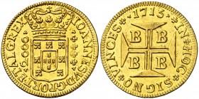 1715. Brasil. Juan V. B (Bahía). 2000 reis. (Fr. 31) (Gomes 97.02). 5,37 g. AU. Bella. Rara y más así. EBC+.