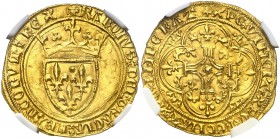 s/d. Francia. Carlos VI (1380-1422). 1 écu d'r à la couronne. (Fr. 291) (D. 369B). AU. En cápsula de la NGC como MS63, nº 4438954-004. Muy bella. Rara...