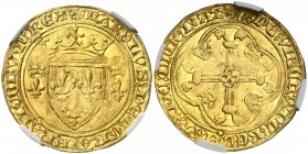 s/d. Francia. Carlos VII (1422-1461). 1 écu d'or. (Fr. 307) (D. 453). AU. En cápsula de la NGC como MS62, nº 4263308-001. Bella. Escasa así. EBC+.