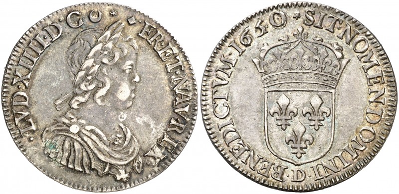 1650/40. Francia. Luis XIV. D (Lyon). 1/2 ecu. (Kr. 163.2 var) (Gadoury falta). ...