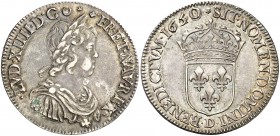 1650/40. Francia. Luis XIV. D (Lyon). 1/2 ecu. (Kr. 163.2 var) (Gadoury falta). 13,66 g. AG. Muy rara. EBC-/EBC.