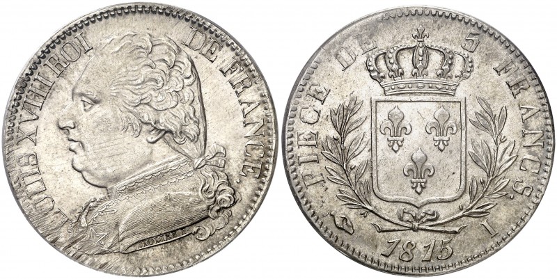 1815. Francia. Luis XVIII. I (Limoges). 5 francos. (Kr. 702.6). AG. En cápsula d...
