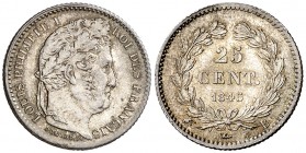 1845. Francia. Luis Felipe I. B (Rouen). 25 céntimos. (Kr. 755.2). 1,26 g. AG. Bella. S/C.