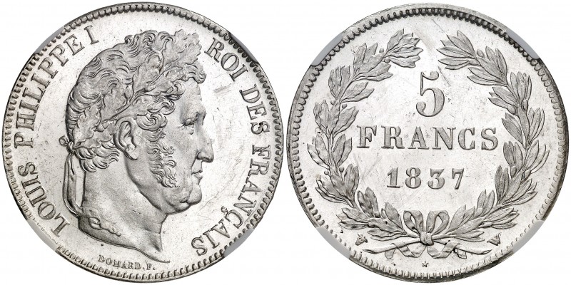 1837. Francia. Luis Felipe I. W (Lille). 5 francos. (Kr. 749.13). AG. En cápsula...