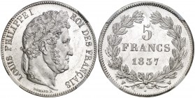1837. Francia. Luis Felipe I. W (Lille). 5 francos. (Kr. 749.13). AG. En cápsula de la NGC como MS61, nº 4348143-011. Leves rayitas. Bella. (S/C-).