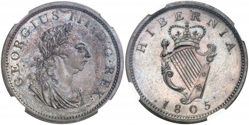 1805. Irlanda. Jorge III. 1 penique. (Kr. 148.1). CU. En cápsula de la NGC como ...