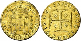 1678. Portugal. Pedro, Príncipe Regente. 1 moeda (4000 reis). (Fr. 72) (Gomes 69.01). 10,69 g. AU. Golpecits y rayitas. Ex Áureo & Calicó 30/10/2014, ...