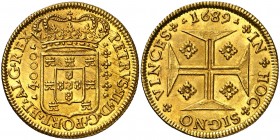 1689. Portugal. Pedro II. Lisboa. 1 moeda (4000 reis). (Fr. 76) (Gomes 99.02). 10,68 g. AU. Rara así. S/C-.