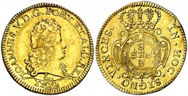 1722. Portugal. Juan V. Lisboa. 1 escudo (1600 reis). (Fr. 89) (Gomes 116.01). 3,51 g. AU. Leve hojita en borde. Ex Áureo & Calicó 30/10/2014, nº 2220...