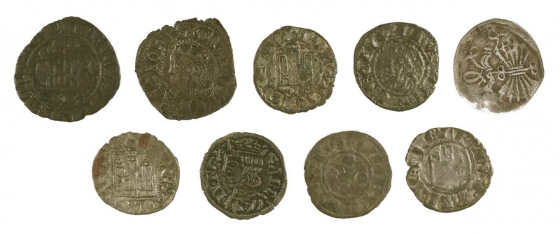 Lote de 8 vellones, 7 medievales castellanos y un real de los Reyes Católicos re...