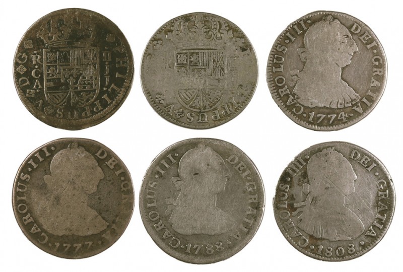 Felipe V a Carlos IV. Cuenca, México, Potosí y Segovia. 2 reales. Lote de 6 mone...