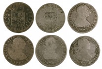 Felipe V a Carlos IV. Cuenca, México, Potosí y Segovia. 2 reales. Lote de 6 monedas distintas. BC-/BC.
