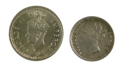 Lote de 2 monedas: India británica Jorge VI 1/2 rupia 1945 y Victoria 2 annas 1841 (con resto de soldadura). MBC-/EBC.