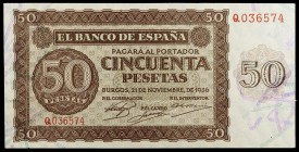 1936. Burgos. 50 pesetas. (Ed. D21a) (Ed. 420a). 21 de noviembre. Serie Q. Raro así. S/C-.