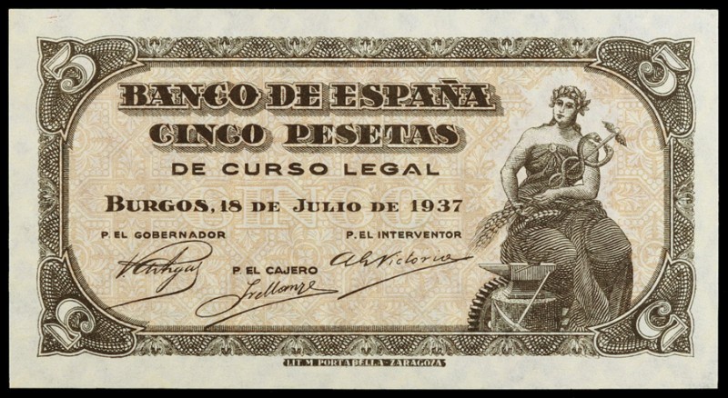 1937. 5 pesetas. (Ed. D25) (Ed. 424). 18 de julio. Sin serie. Una esquina rozada...