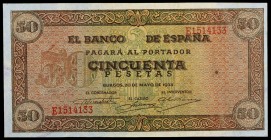 1938. Burgos. 50 pesetas. (Ed. D32a) (Ed. 431a). 20 de mayo. Serie E. Raro. S/C-.