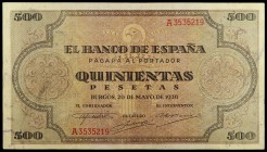 1938. Burgos. 500 pesetas. (Ed. D34) (Ed. 433). 20 de mayo, serie A. Extraordinario ejemplar. Pleno apresto. Raro y más así. S/C-.