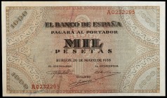 1938. Burgos. 1000 pesetas. (Ed. D35) (Ed. 434). 20 de mayo, serie A. Mínima doblez y una esquina doblada, pero ejemplar extraordinario, con apresto. ...