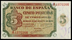1938. Burgos. 5 pesetas. (Ed. D36) (Ed. 435). 10 de agosto. Serie A. Escaso. S/C-.