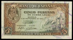 1940. 5 pesetas. (Ed. D44a) (Ed. 443a). 4 de septiembre. Serie J. Alcázar de Segovia. EBC+.