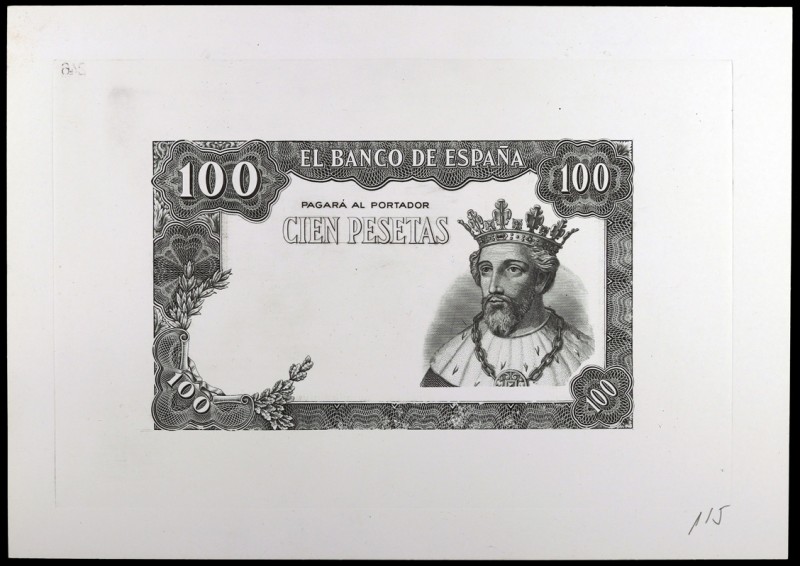 100 pesetas. Prueba de grabado del anverso de un billete que no solamente no fue...