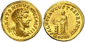 (163 d.C.). Marco Aurelio. Áureo. (Spink 4867 var) (Co. 559) (RIC. 75) (Calicó 1913). 7,16 g. Muy bella. Rara así. EBC+/EBC.