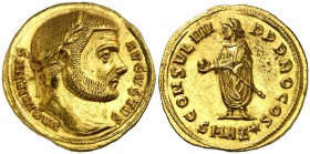 (293 d.C.). Maximiano Hércules. Antioquía. Áureo. (Spink 12998) (Co. 80) (RIC. 3) (Calicó 4625). 5,25 g. Muy bella. Rara así. EBC+.