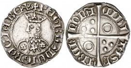 Pere III (1336-1387). Barcelona. Croat. (Cru.V.S. 407.1) (Badia 287, mismo ejemplar)(Cru.C.G. 2224e). 3,21 g. Flores de seis pétalos y cruz (sobre otr...