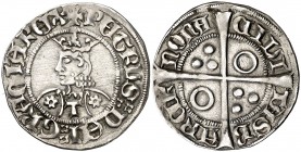 Pere III (1336-1387). Barcelona. Croat. (Cru.V.S. 409.1 var) (Badia 354, mismo ejemplar) (Cru.C.G. 2225a var). 3,19 g. Flores de seis pétalos y T en e...