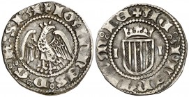 Joan II (1458-1479). Sicília. Mig pirral. (Cru.V.S. 976 var) (Cru.C.G. 3015) (MIR. 231) (V.Q. 6050, mismo ejemplar). 1,23 g. Atractiva pátina. Muy rar...