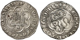 Pedro I (1350-1368). Sevilla. Real. (AB. 375). 2,72 g. Acuñada en plata. La palabra REX del anverso rectificada sobre DEI. Bella. Muy rara. EBC.