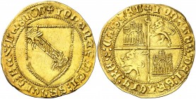 Juan II (1406-1454). Sevilla. Dobla de la banda. (AB. 617.1 var) (M.R. 16.7 var). 4,55 g. Muy bella. Precioso color. Escasa así. EBC+/EBC.